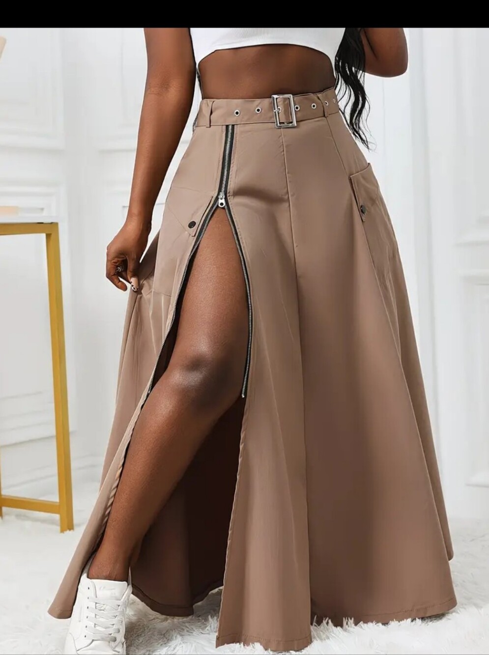 High-Waist Taupe Zip-Front Maxi Skirt with Belt